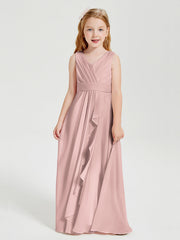 Abiti Damigella Stile Boho Lunghi In Chiffon Gonna A Cascata Rosa Polvere