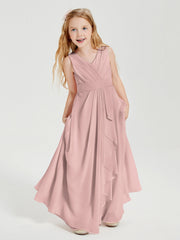 Abiti Damigella Stile Boho Lunghi In Chiffon Gonna A Cascata Rosa Polvere