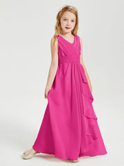 Abiti Damigella Stile Boho Lunghi In Chiffon Gonna A Cascata Fucsia