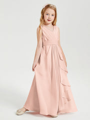 Abiti Damigella Stile Boho Lunghi In Chiffon Gonna A Cascata Rosa Perlato