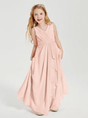 Abiti Damigella Stile Boho Lunghi In Chiffon Gonna A Cascata Rosa Perlato