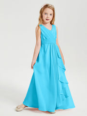 Abiti Damigella Stile Boho Lunghi In Chiffon Gonna A Cascata Blu Piscina
