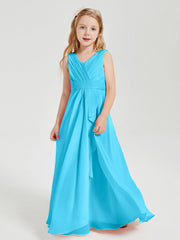 Abiti Damigella Stile Boho Lunghi In Chiffon Gonna A Cascata Blu Piscina
