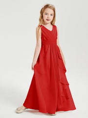 Abiti Damigella Stile Boho Lunghi In Chiffon Gonna A Cascata Rosso