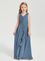 Abiti Damigella Stile Boho Lunghi In Chiffon Gonna A Cascata Blu Ardesia