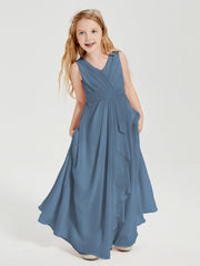 Abiti Damigella Stile Boho Lunghi In Chiffon Gonna A Cascata Blu Ardesia