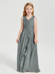 Abiti Damigella Stile Boho Lunghi In Chiffon Gonna A Cascata Grigio Acciaio