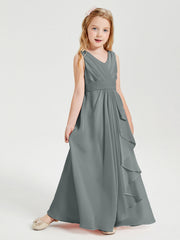 Abiti Damigella Stile Boho Lunghi In Chiffon Gonna A Cascata Grigio Acciaio