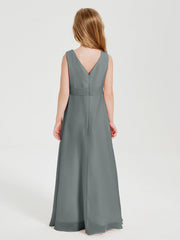 Abiti Damigella Stile Boho Lunghi In Chiffon Gonna A Cascata Grigio Acciaio