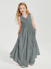 Abiti Damigella Stile Boho Lunghi In Chiffon Gonna A Cascata Grigio Acciaio