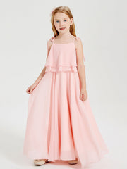 Abiti Damigella Junior Lunghi In Chiffon Spalline Sottili Con Fiocco Corallo