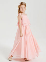 Abiti Damigella Junior Lunghi In Chiffon Spalline Sottili Con Fiocco Corallo