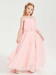 Abiti Damigella Junior Lunghi In Chiffon Spalline Sottili Con Fiocco Corallo