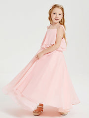 Abiti Damigella Junior Lunghi In Chiffon Spalline Sottili Con Fiocco Corallo