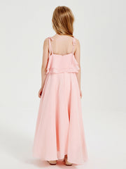 Abiti Damigella Junior Lunghi In Chiffon Spalline Sottili Con Fiocco Corallo