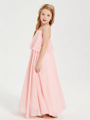 Abiti Damigella Junior Lunghi In Chiffon Spalline Sottili Con Fiocco Corallo