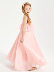 Abiti Damigella Junior Lunghi In Chiffon Spalline Sottili Con Fiocco Corallo