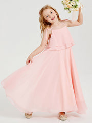 Abiti Damigella Junior Lunghi In Chiffon Spalline Sottili Con Fiocco Corallo