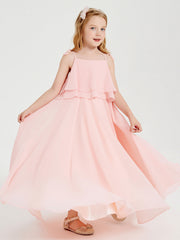 Abiti Damigella Junior Lunghi In Chiffon Spalline Sottili Con Fiocco Corallo