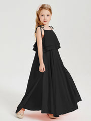 Abiti Damigella Junior Lunghi In Chiffon Spalline Sottili Con Fiocco Nero