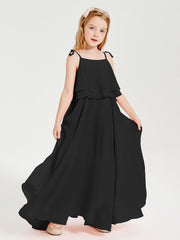 Abiti Damigella Junior Lunghi In Chiffon Spalline Sottili Con Fiocco Nero