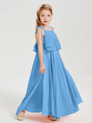 Abiti Damigella Junior Lunghi In Chiffon Spalline Sottili Con Fiocco Blu