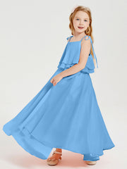 Abiti Damigella Junior Lunghi In Chiffon Spalline Sottili Con Fiocco Blu