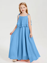 Abiti Damigella Junior Lunghi In Chiffon Spalline Sottili Con Fiocco Blu