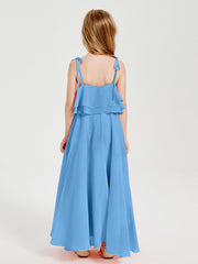 Abiti Damigella Junior Lunghi In Chiffon Spalline Sottili Con Fiocco Blu