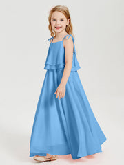 Abiti Damigella Junior Lunghi In Chiffon Spalline Sottili Con Fiocco Blu