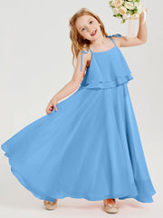 Abiti Damigella Junior Lunghi In Chiffon Spalline Sottili Con Fiocco Blu