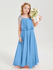 Abiti Damigella Junior Lunghi In Chiffon Spalline Sottili Con Fiocco Blu