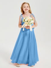 Abiti Damigella Junior Lunghi In Chiffon Spalline Sottili Con Fiocco Blu