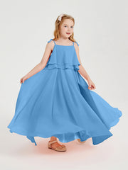 Abiti Damigella Junior Lunghi In Chiffon Spalline Sottili Con Fiocco Blu