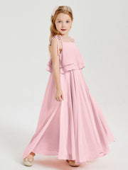 Abiti Damigella Junior Lunghi In Chiffon Spalline Sottili Con Fiocco Rosa Cipria