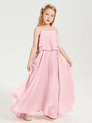 Abiti Damigella Junior Lunghi In Chiffon Spalline Sottili Con Fiocco Rosa Cipria