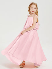 Abiti Damigella Junior Lunghi In Chiffon Spalline Sottili Con Fiocco Rosa Cipria