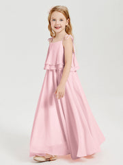 Abiti Damigella Junior Lunghi In Chiffon Spalline Sottili Con Fiocco Rosa Cipria