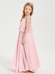 Abiti Damigella Junior Lunghi In Chiffon Spalline Sottili Con Fiocco Rosa Cipria