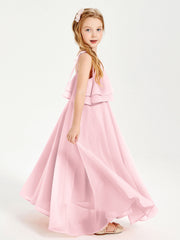 Abiti Damigella Junior Lunghi In Chiffon Spalline Sottili Con Fiocco Rosa Cipria