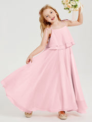 Abiti Damigella Junior Lunghi In Chiffon Spalline Sottili Con Fiocco Rosa Cipria