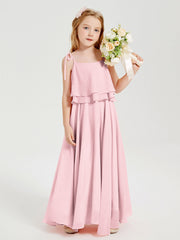 Abiti Damigella Junior Lunghi In Chiffon Spalline Sottili Con Fiocco Rosa Cipria