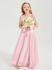 Abiti Damigella Junior Lunghi In Chiffon Spalline Sottili Con Fiocco Rosa Cipria