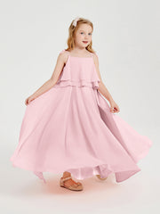 Abiti Damigella Junior Lunghi In Chiffon Spalline Sottili Con Fiocco Rosa Cipria