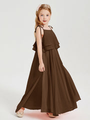 Abiti Damigella Junior Lunghi In Chiffon Spalline Sottili Con Fiocco Marrone