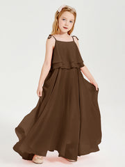 Abiti Damigella Junior Lunghi In Chiffon Spalline Sottili Con Fiocco Marrone