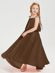 Abiti Damigella Junior Lunghi In Chiffon Spalline Sottili Con Fiocco Marrone