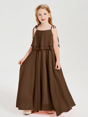 Abiti Damigella Junior Lunghi In Chiffon Spalline Sottili Con Fiocco Marrone