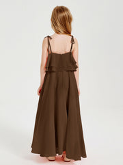Abiti Damigella Junior Lunghi In Chiffon Spalline Sottili Con Fiocco Marrone