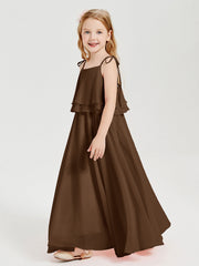 Abiti Damigella Junior Lunghi In Chiffon Spalline Sottili Con Fiocco Marrone